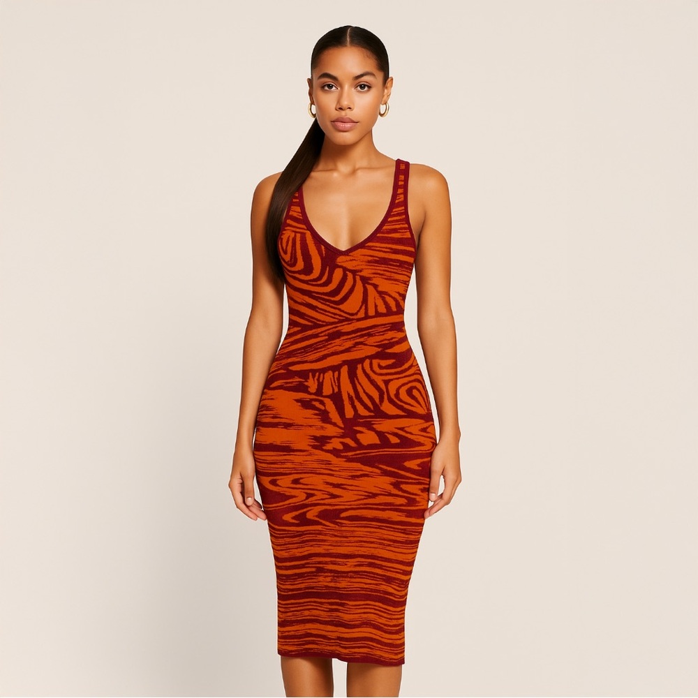 A330-B • Neon Orange Burgundy Abstract Woodgrain Bodycon Midi Dress